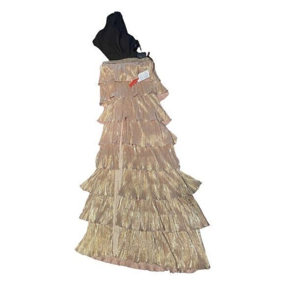 Mac Duggal‎ 26742 Metallic One Shoulder Ruffle Tiered Gown Size 0 Gold Black - Picture 7 of 10